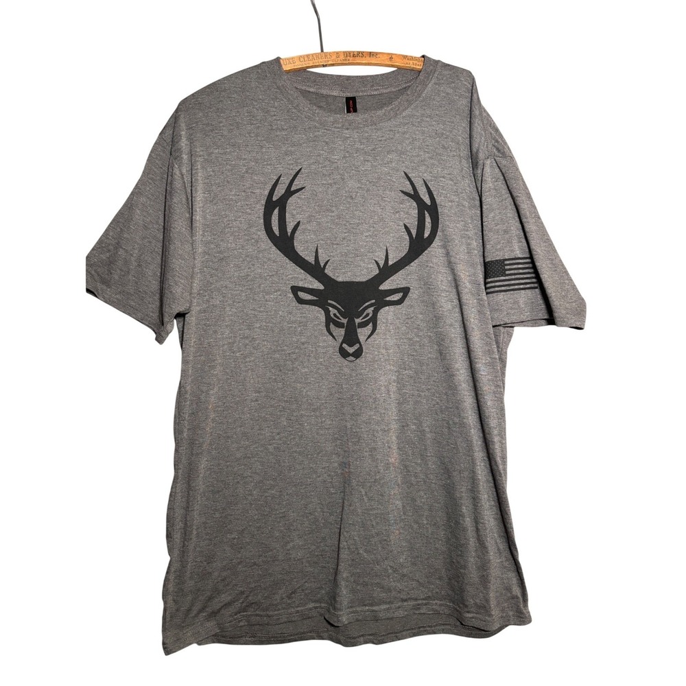 Bucked Up Mens XL Gray Graphic T-Shirt Deer Head Logo American Flag Sleeve Tee